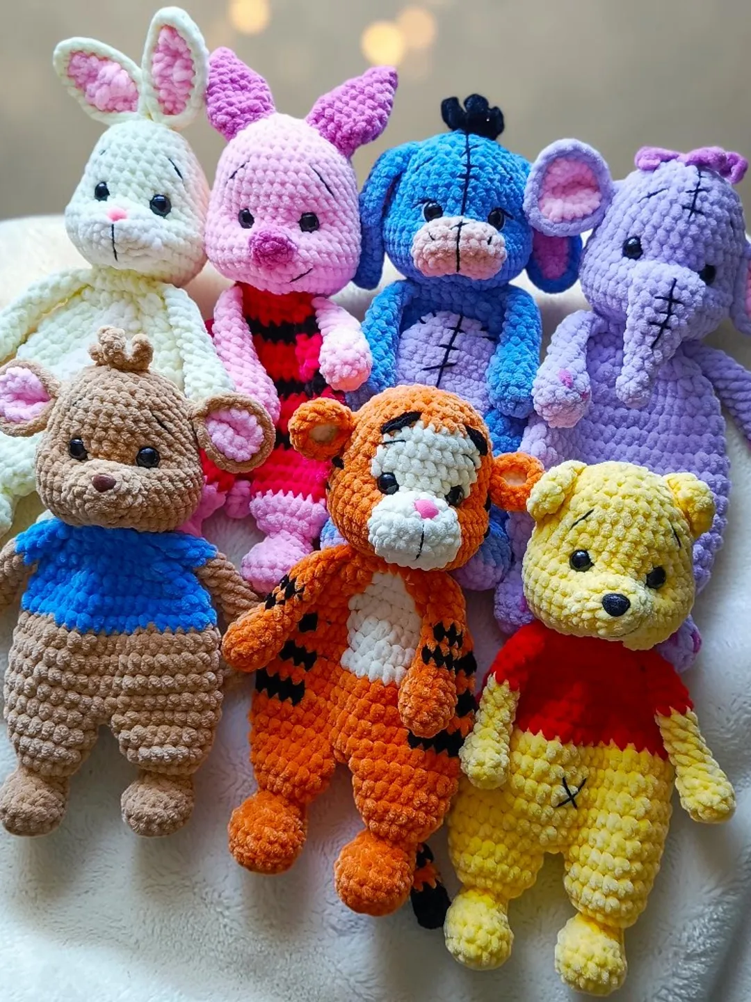 7in1 Winnie the Pooh friends , Piglet, Rabbit , Kangaroo, Donkey, Tigger, Elephant Crochet Pattern Amigurumi Comforter Snuggler PDF English