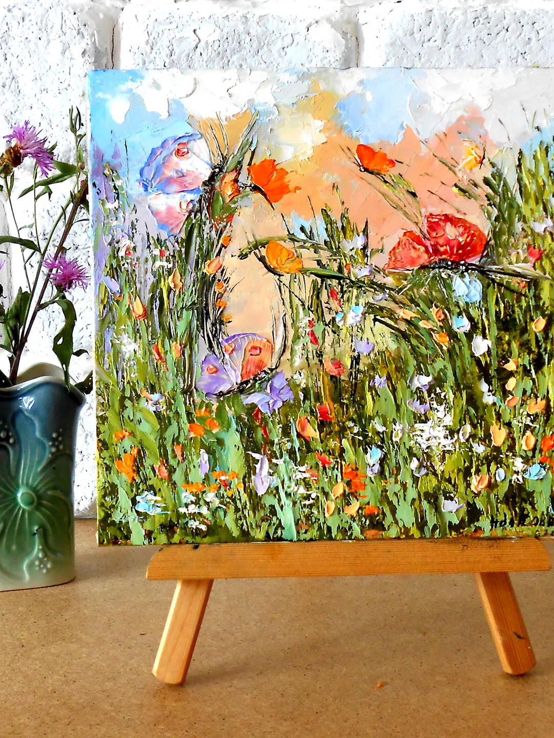 Flowers Original oil painting | Butterflies with wildflowers