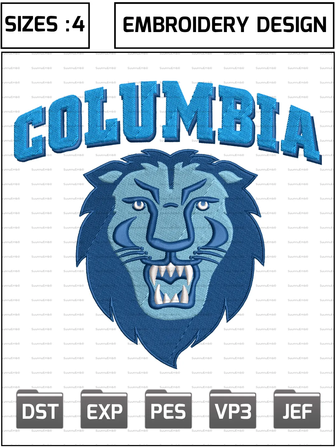 Columbia Lions Logo Embroidery Design,NCAA Logos Embroidery Design,NCAA Teams, Machine Embroidery Design File,4 Sizes, Digital Download