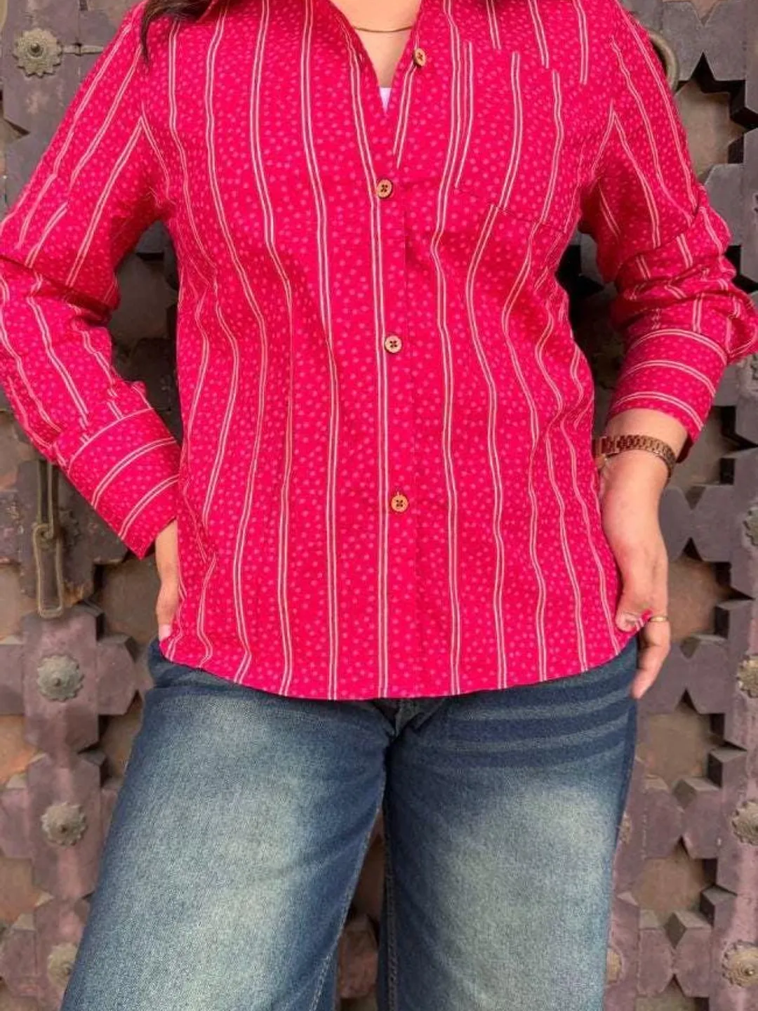 Pink Striped Cotton Shirt | Hand Block Printed Boho Blouse