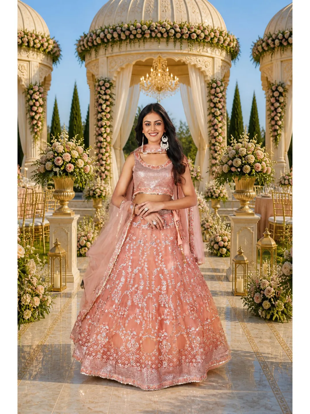 peach and gold indian dress Lehenga Choli: Wedding Embroidery Sequins, Ready to Wear hyderabadi pishwas dress