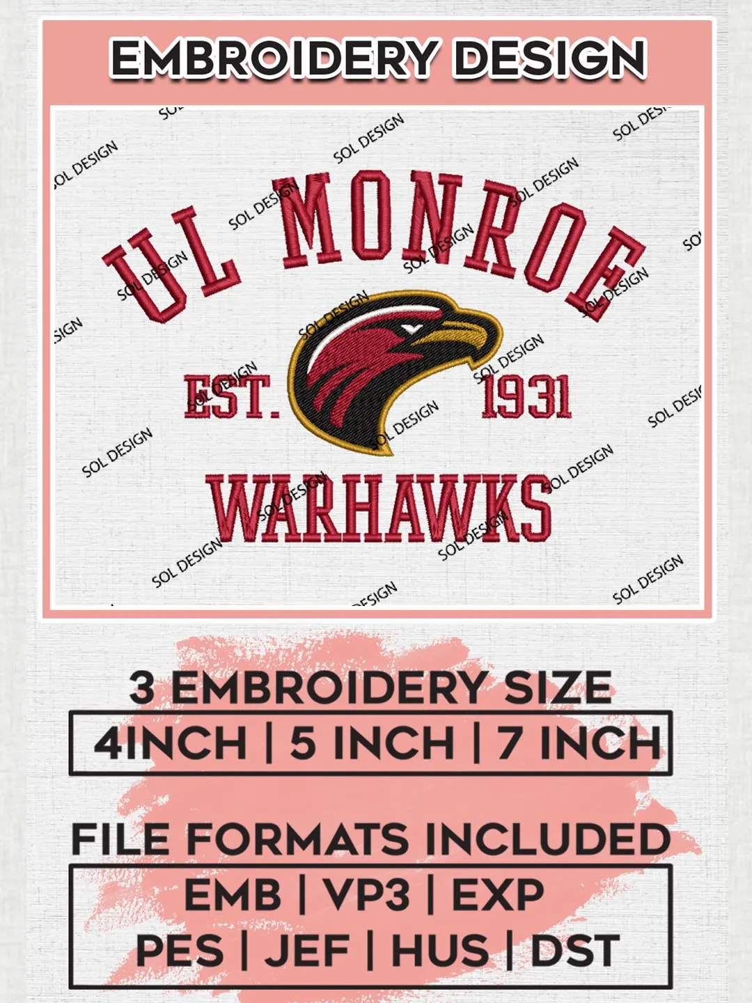 UL Monroe Warhawks Est 1931 Logo Embroidery Designs, NCAA UL Monroe Warhawks Team Embroidery, NCAA Team Logo, 3 sizes, Machine embroidery Files, Digital Download