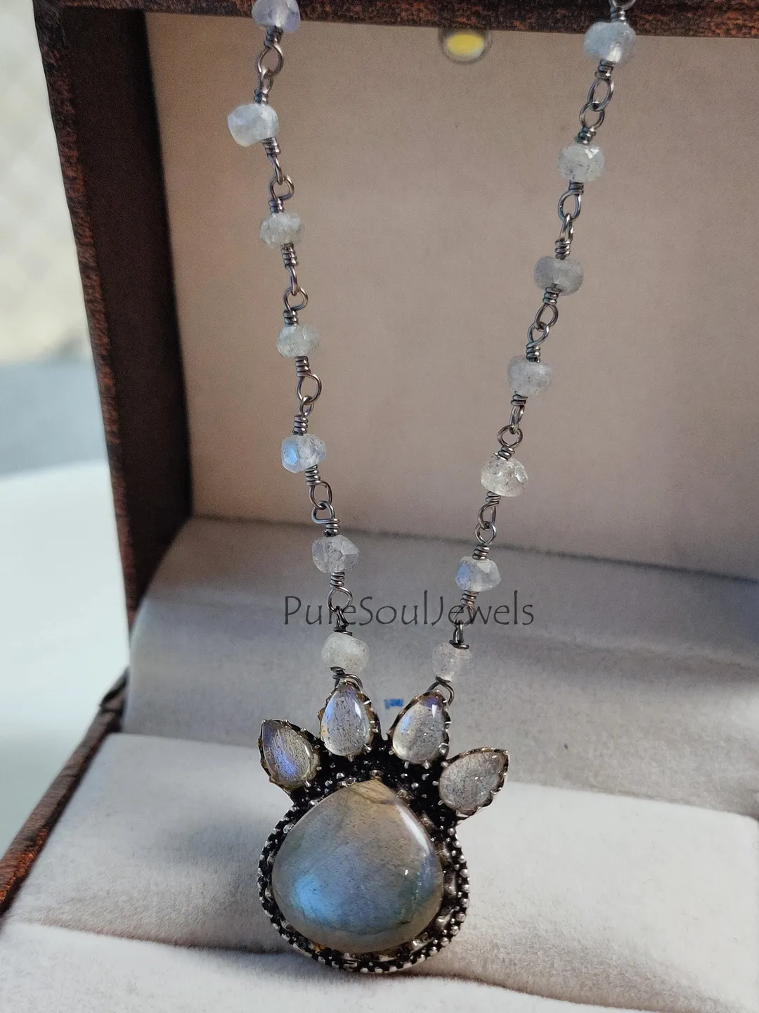 Natural Blue Fire Labradorite Necklace, Flash Labradorite Pendant, Gun Metal Beaded Rosary Chain, Necklace
