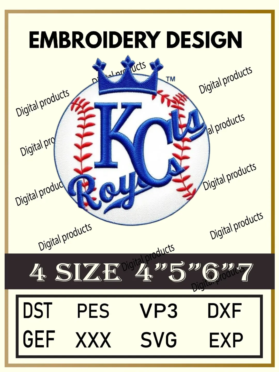Kansas City Royals Embroidery Design Digital Logo Pattern with Crown, Baseball Stitching, and Stylized Script for Machine Embroidery Projects in Four Sizes with Multiple Compatible Formats Including DST, PES, VP3, DXF, GEF, XXX, SVG, EXP