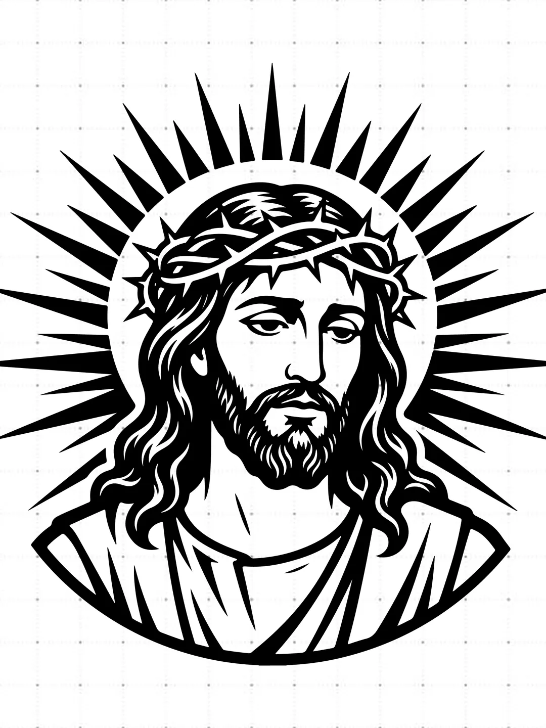 Jesus Crown Of Thorns Sunburst Halo SVG, Jesus Face Portrait SVG, Christian Faith Bust Cut File, Holy Jesus Head Vector, Religious T-Shirt Design, Sacred Savior Graphic for Cricut Silhouette