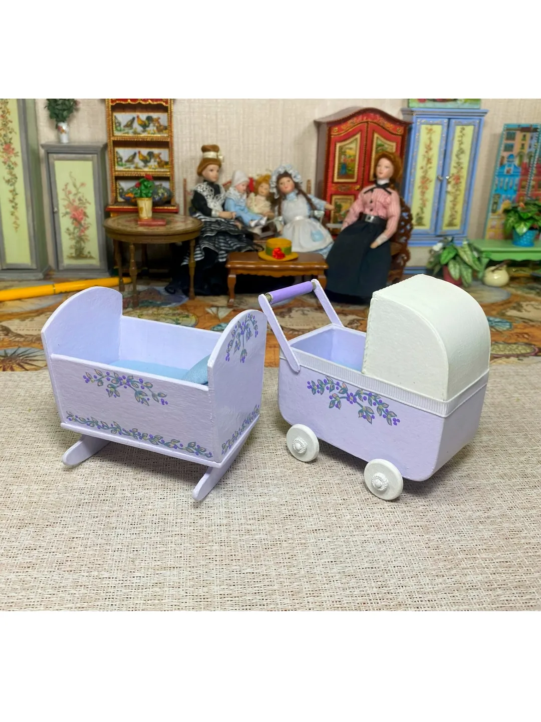 Doll cradle and stroller.
Handmade. 1:12. Dollhouse miniature.