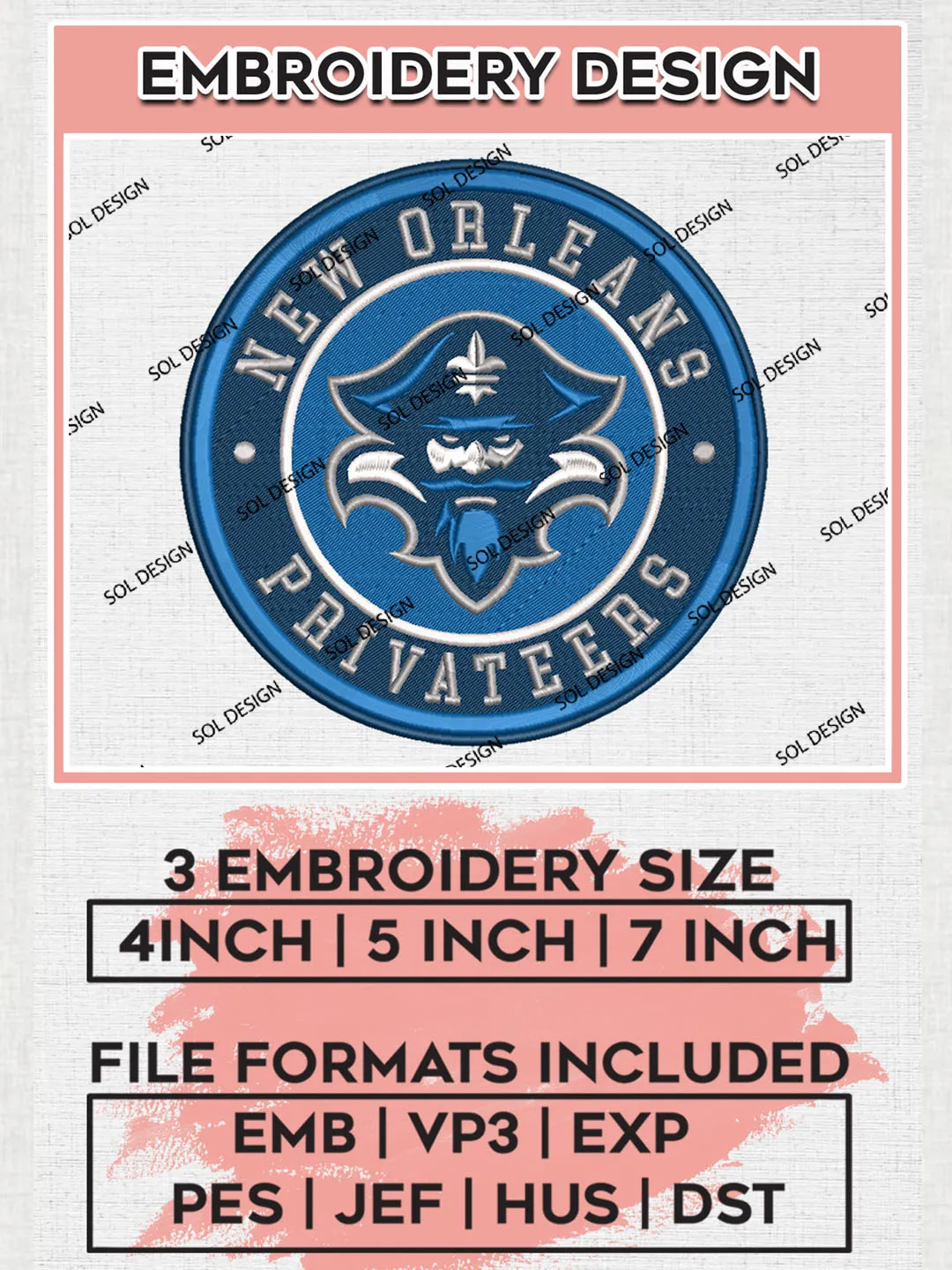 NCAA New Orleans Privateers Round Logo Embroidery, NCAA New Orleans Privateers Logo Embroidery files, NCAA Teams, Machine embroidery designs, Digital Download