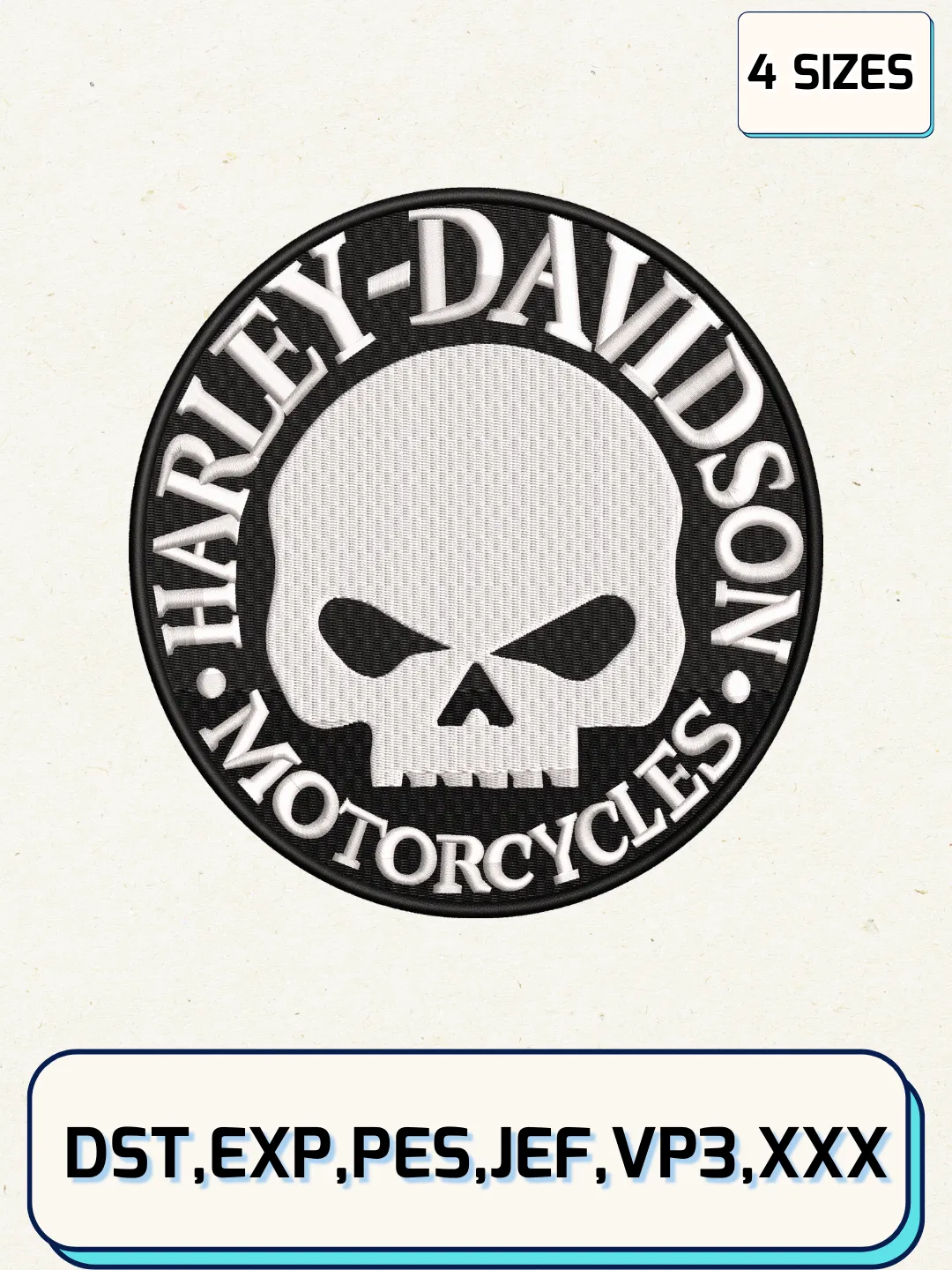 Harley Davidson Skull Logo Embroidery Design, Transport Embroidery File, Machine Embroidery Files, 4 Sizes, Digital Download