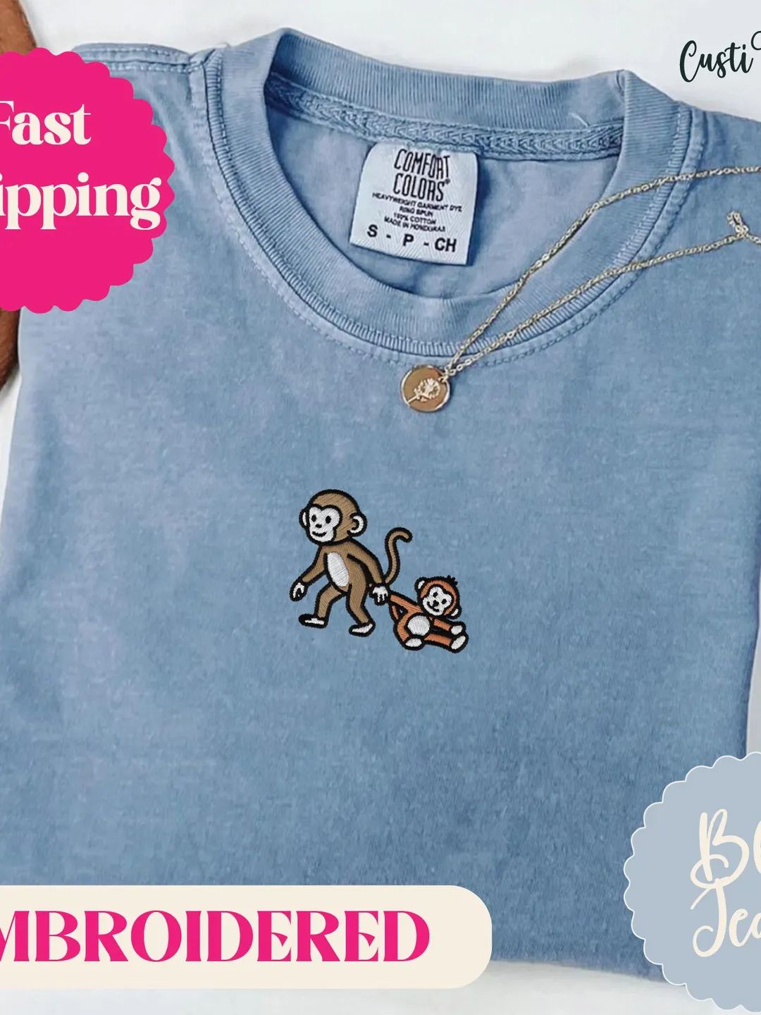 Embroidered Baby Monkey Punch Shirt. Cute Monkey Gift. Comfort Colors Shirt. Funny Animal Sweatshirt. Cute Embroidery Hoodie