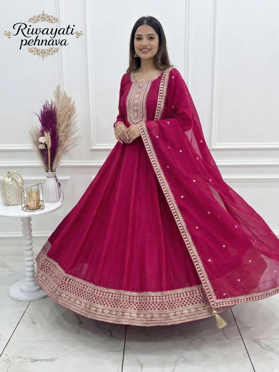 Kalamkari Anarkali Dress with Dupatta | Soft Dola Silk Indian Ethnic Dress