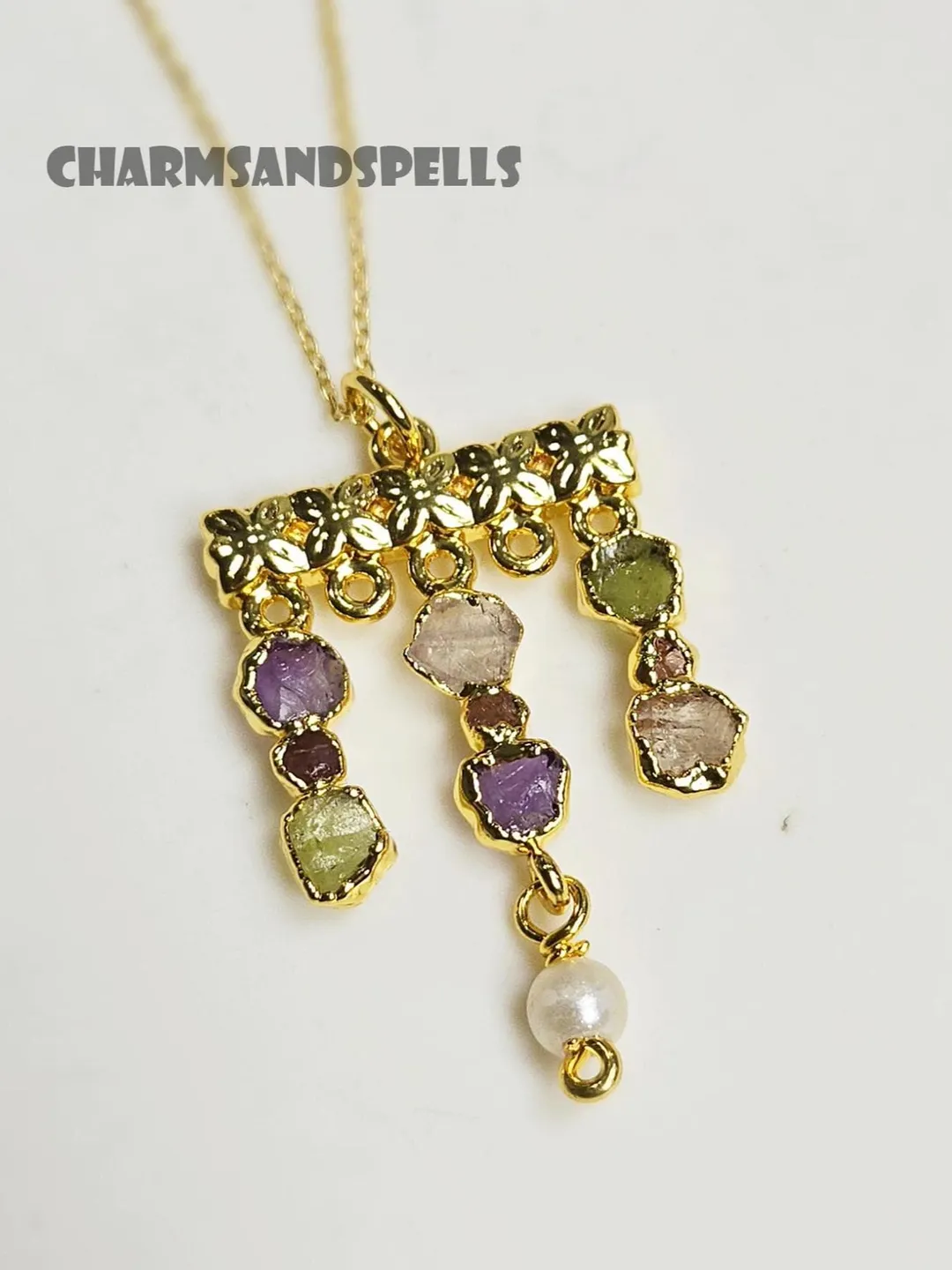 Victorian Style Gemstone Necklace, Handmade Raw Amethyst Crystal Pearl Pendant, Antique Boho Jewelry Gift