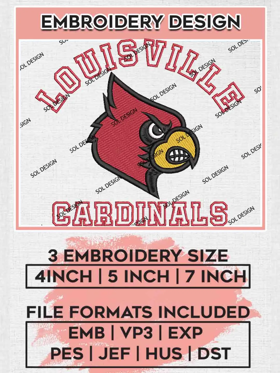 Louisville Cardinals Logo Embroidery Designs, NCAA Louisville Cardinals Logo Embroidery files, NCAA Team, College Football Team Machine embroidery designs, Digital Download