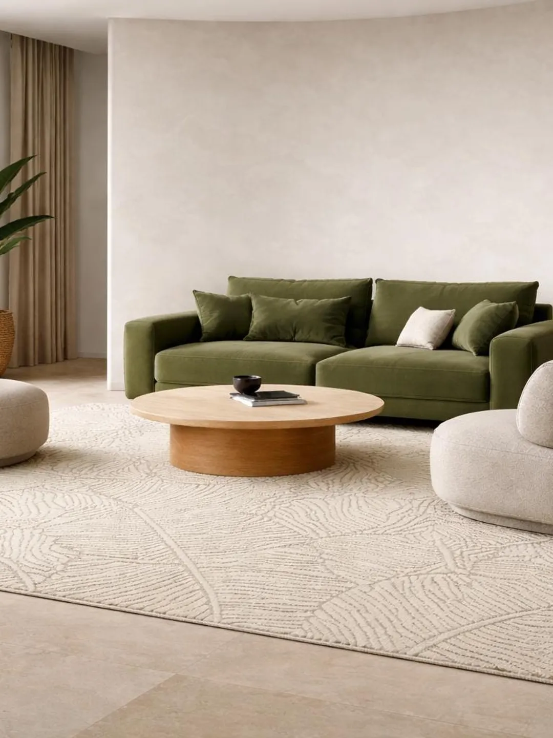 Ivory Botanical Leaf Wool Rug, Hand Tufted Tropical Area Carpet