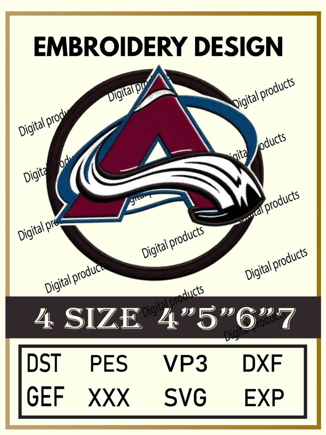 Colorado Avalanche Embroidery Design Digital Logo Pattern for Machine Embroidery Projects in Four Sizes with Multiple Compatible Formats Including DST, PES, VP3, DXF, GEF, XXX, SVG, EXP for Creative Stitching and Artistic Embroidery Download