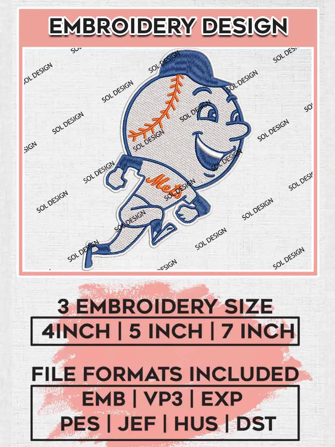 New York Mets Baseball Athletic Logo Embroidery Files, MLB New York Mets Team Embroidery, MLB Teams, 3 sizes, MLB Mets Baseball Machine embroidery designs, Digital Download