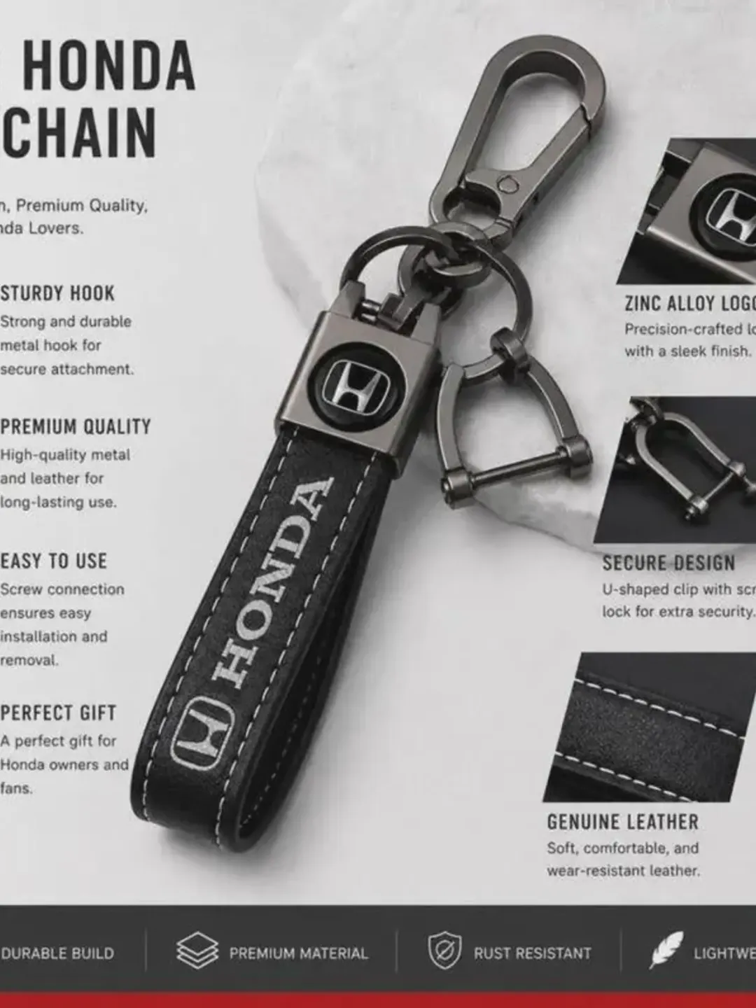 Honda Genuine Leather Keychain | Zinc Alloy Car Key Ring Holder