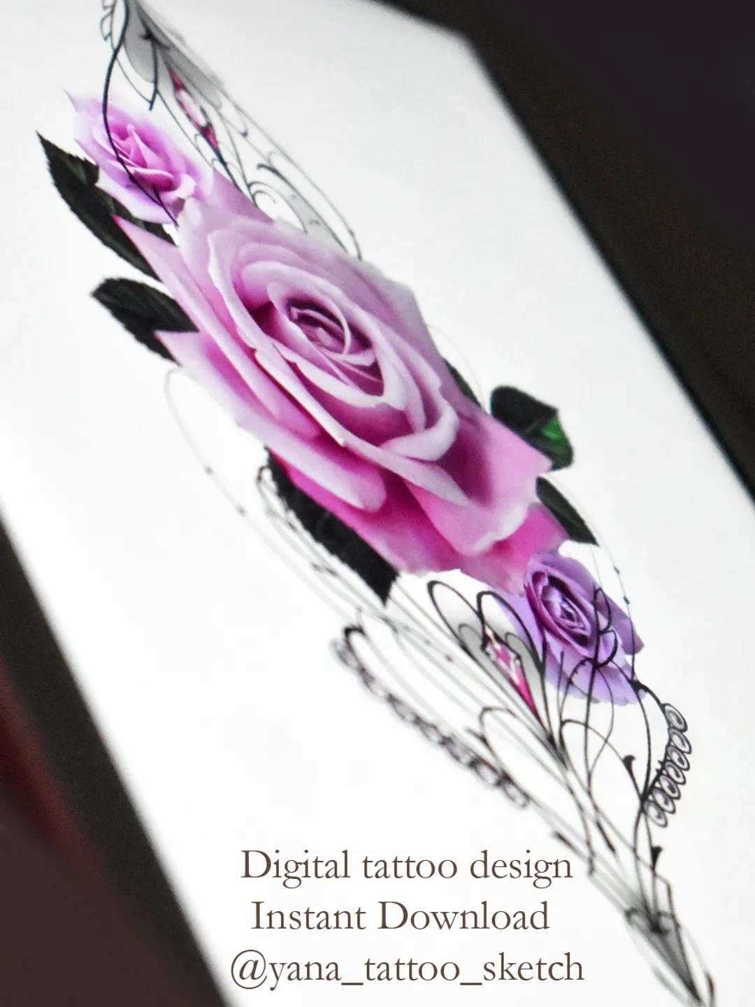 Flower Rose Tattoo Designs Ornamental Realistic Rose Tattoo Drawing Idea Sketch, Instant download JPG, PDF, PNG