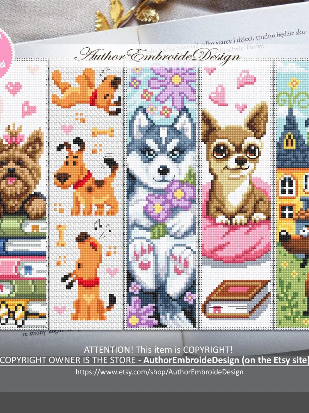 Dog bookmark set cross stitch pattern PDF download Pet cross stitch chart, Animal bookmark pattern digital PDF, Dog lover bookmark #B468