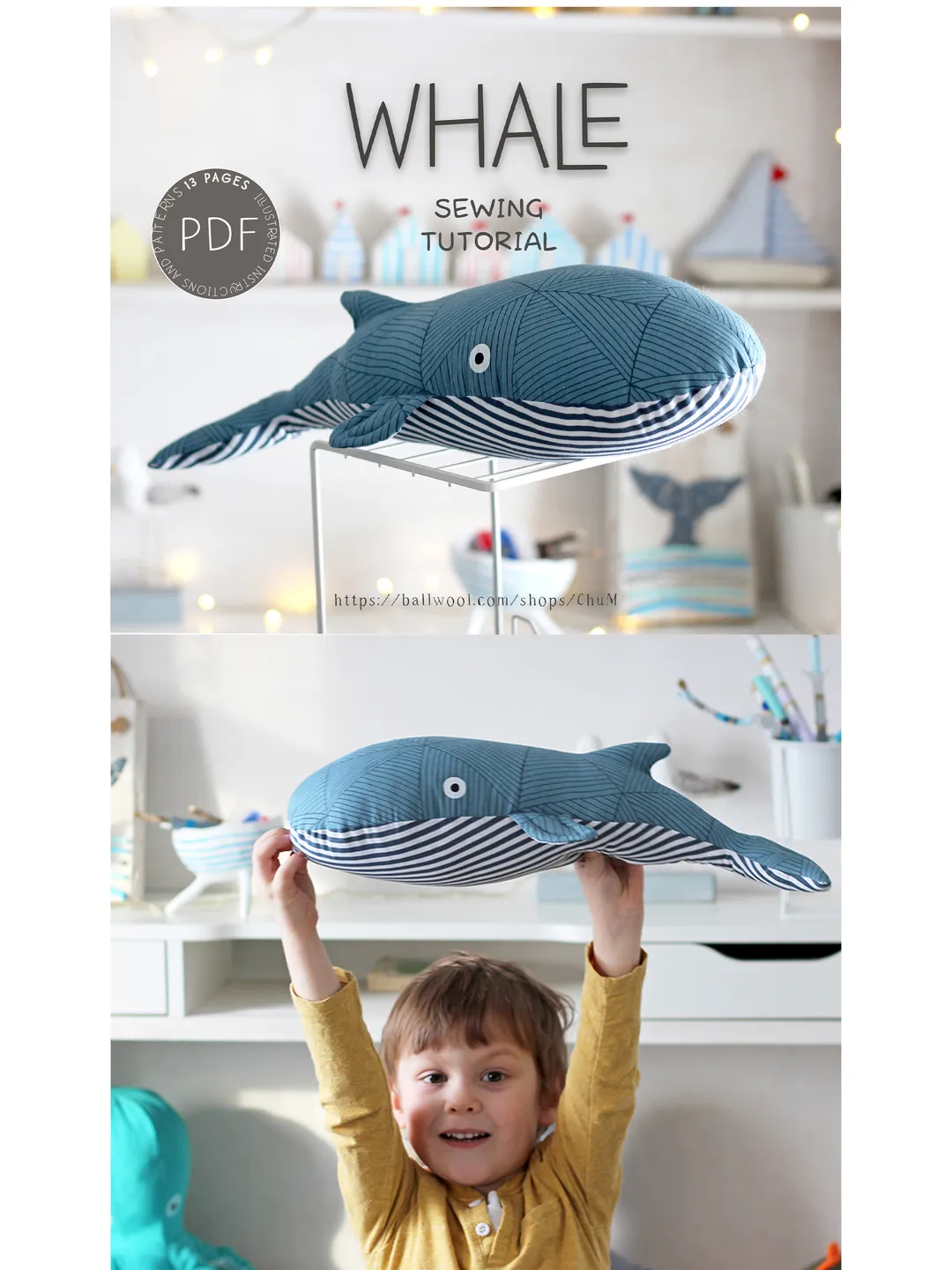 Whale sewing pattern, whale toy sewing pattern. DIY Tutorial in PDF Format. Digital Pattern for Easy Sewing.