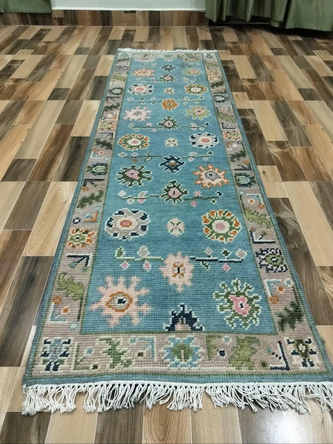 Hand Knotted Wool Runner Rug – Pastel Blue Floral Oushak Style