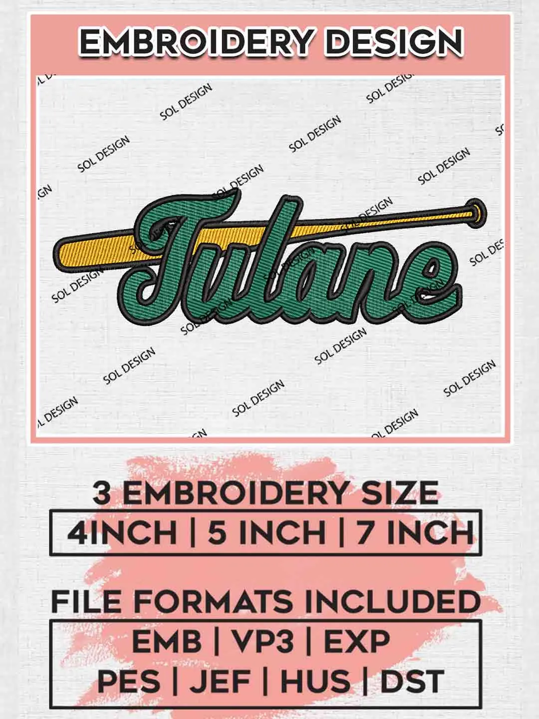 Tulane Baseball Logo Embroidery Designs, NCAA Logo Embroidery files, NCAA Tulane Green Wave Team, Machine embroidery designs, Instant Download