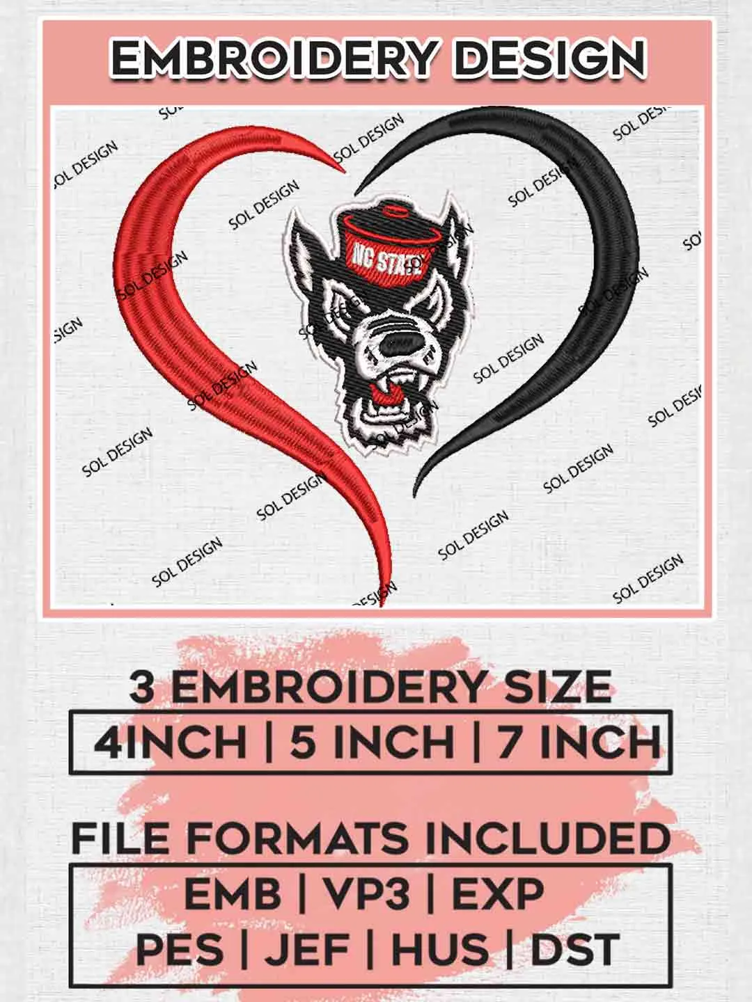 NCAA NC State Wolfpack Heart Logo Embroidery Designs, NCAA Logo Embroidery files, NCAA Team, College Football Team Machine embroidery designs, Digital Download