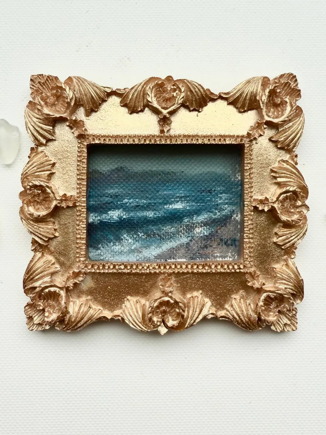 Small Landscape Oil Painting Framed Original Foggy Coast Painting Antique Ocean Art Gold Frame Tiny Paintings 3 x 4 Wave Art