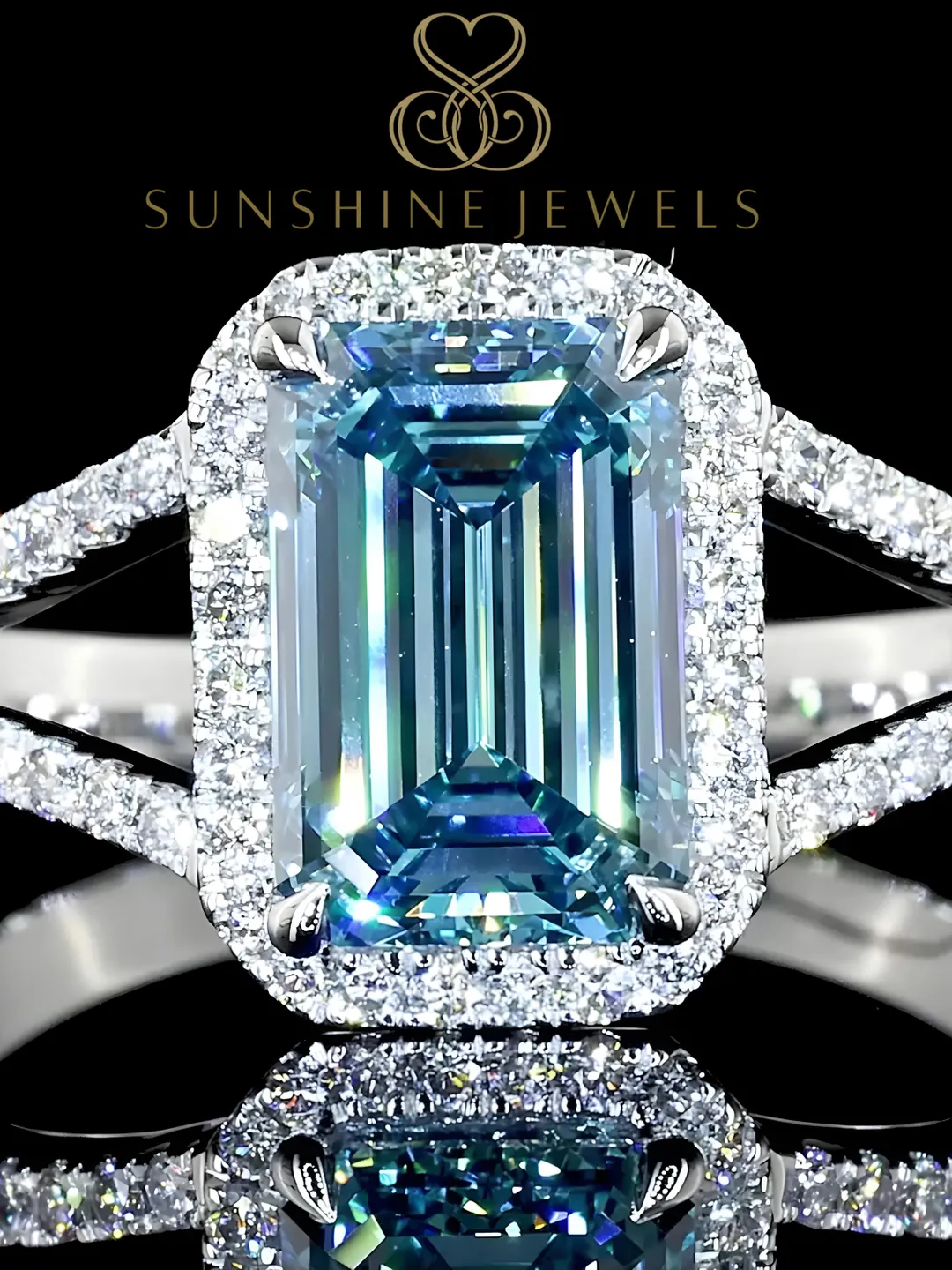 Fancy Intense Blue Lab Grown Diamond Ring. Emerald Cut 14K White Gold ...