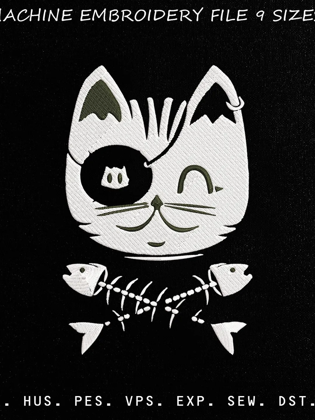 Pirate Cat Embroidery Design, Captain Kitty Machine Embroidery Pattern, Nautical Fish Bones Stitch File, Pirate Eye Patch Cat, PES DST JEF