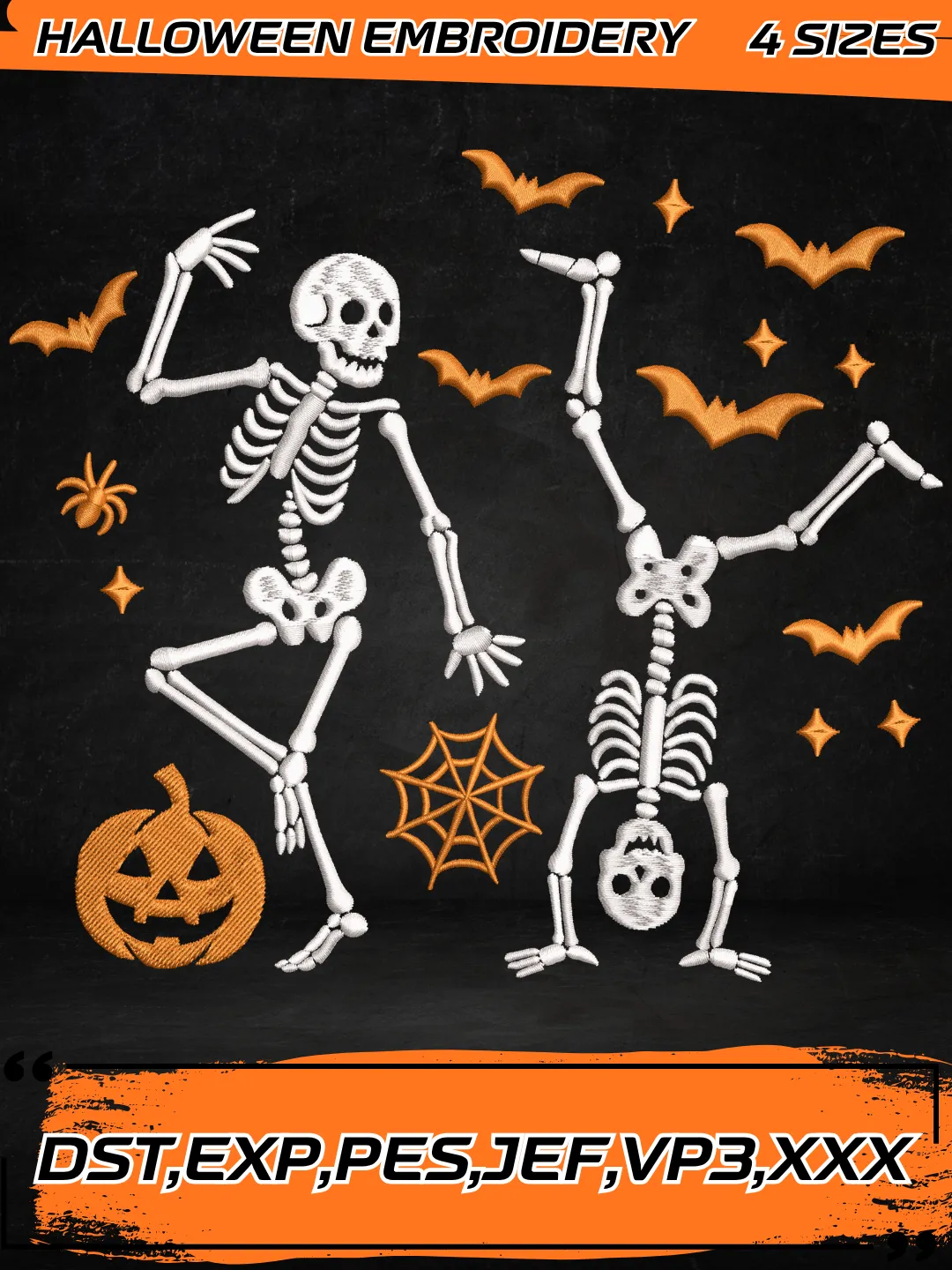Dancing Skeletons With Pumpkins Embroidery Design,Halloween Embroidery File,Machine Embroidery File,4 Sizes, Digital Download