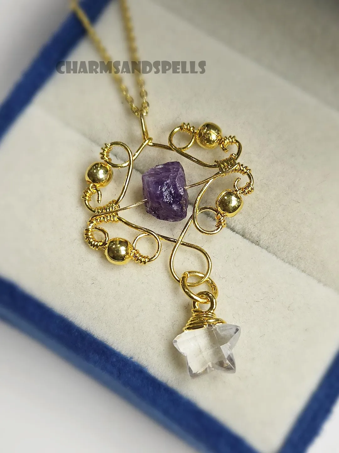 Raw Amethyst Spinner Necklace, Crystal Quartz Star Pendant, Handmade Healing Gemstone Jewelry, Boho Gift