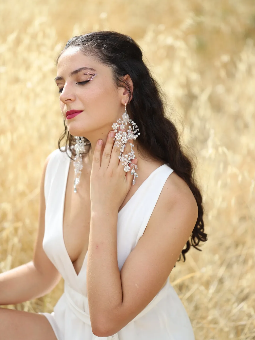 Rose Gold Long Floral Bridal Earrings, Swarovski Crystal Wedding Earrings, Pearl Bride Jewelry, Chandelier Statement Earrings, Jewellery