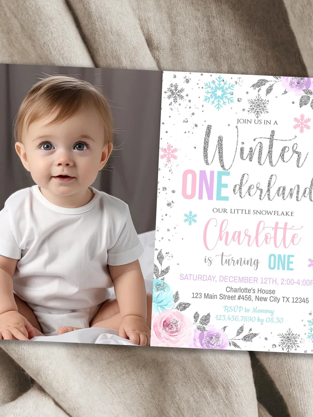 Winter Onederland Birthday Girl Invitation, Winter Wonderland 1st Birthday Invitation, First Birthday Snowflake Photo Template i098