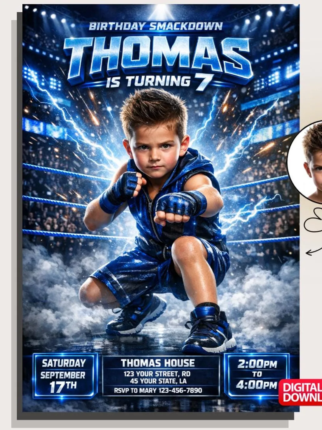 Custom Boxing Birthday Invitation, Fight Party, Photo Kids Invite (Digital Download)
