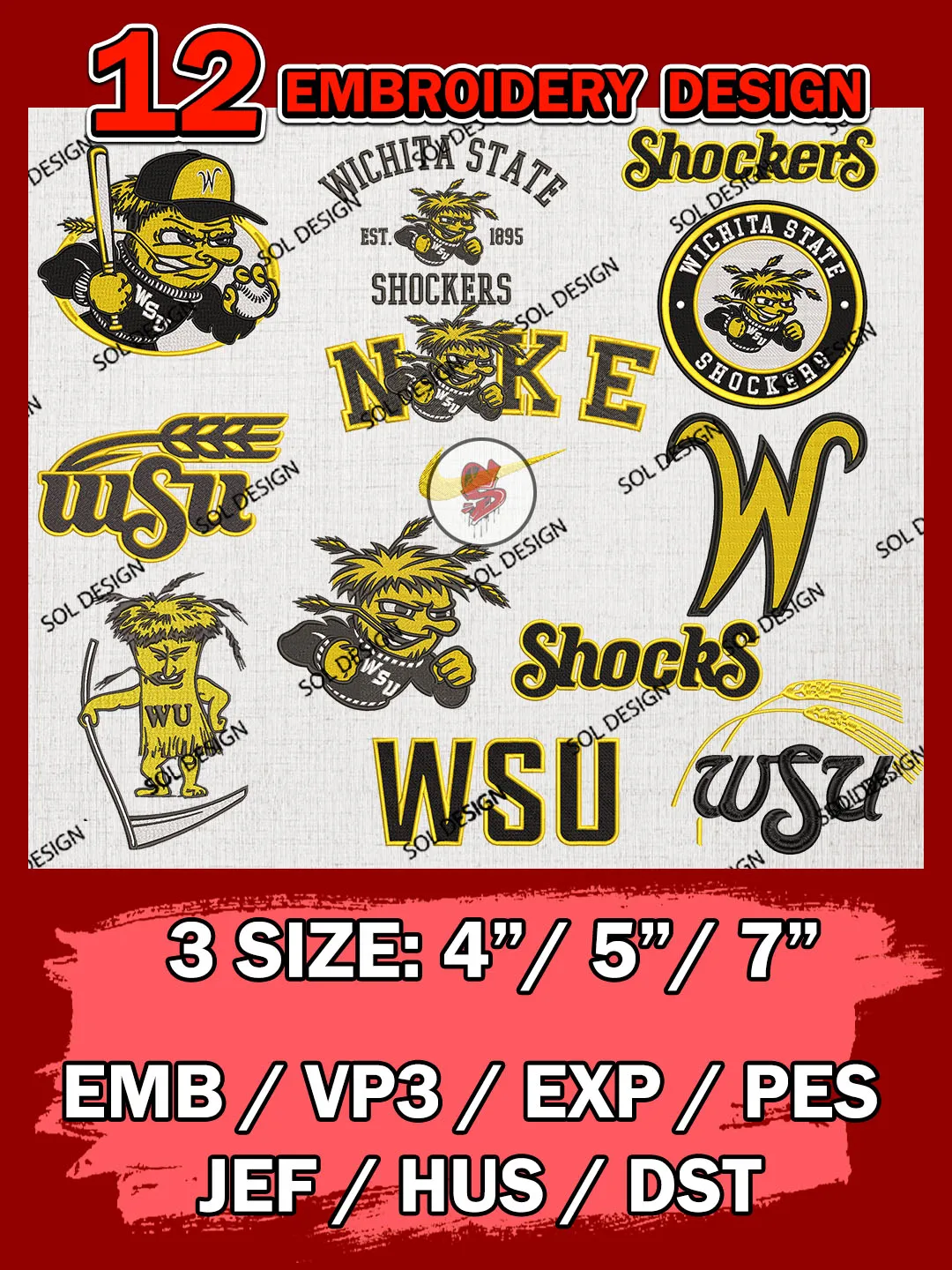 12 NCAA Wichita State Shockers Bundle Embroidery Files, NCAA Wichita State Shockers Team Bundle Embroidery Designs, NCAA Teams, National College Football Team 3 sizes, NCAA Wichita State Machine Embroidery, Digital Download