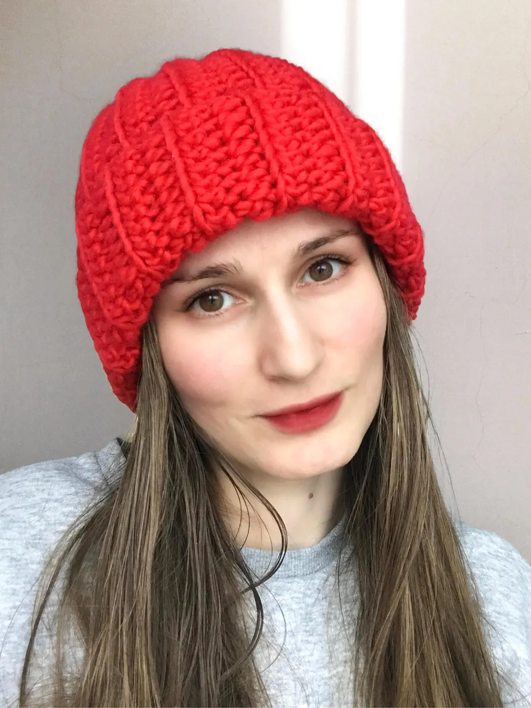 Warm Crochet Chunky Beanie - Plushy Cozy Winter Hat - Thick Folded Brim - Soft 100% Wool Stocking Cap - Unisex Trendy Red or Custom Color
