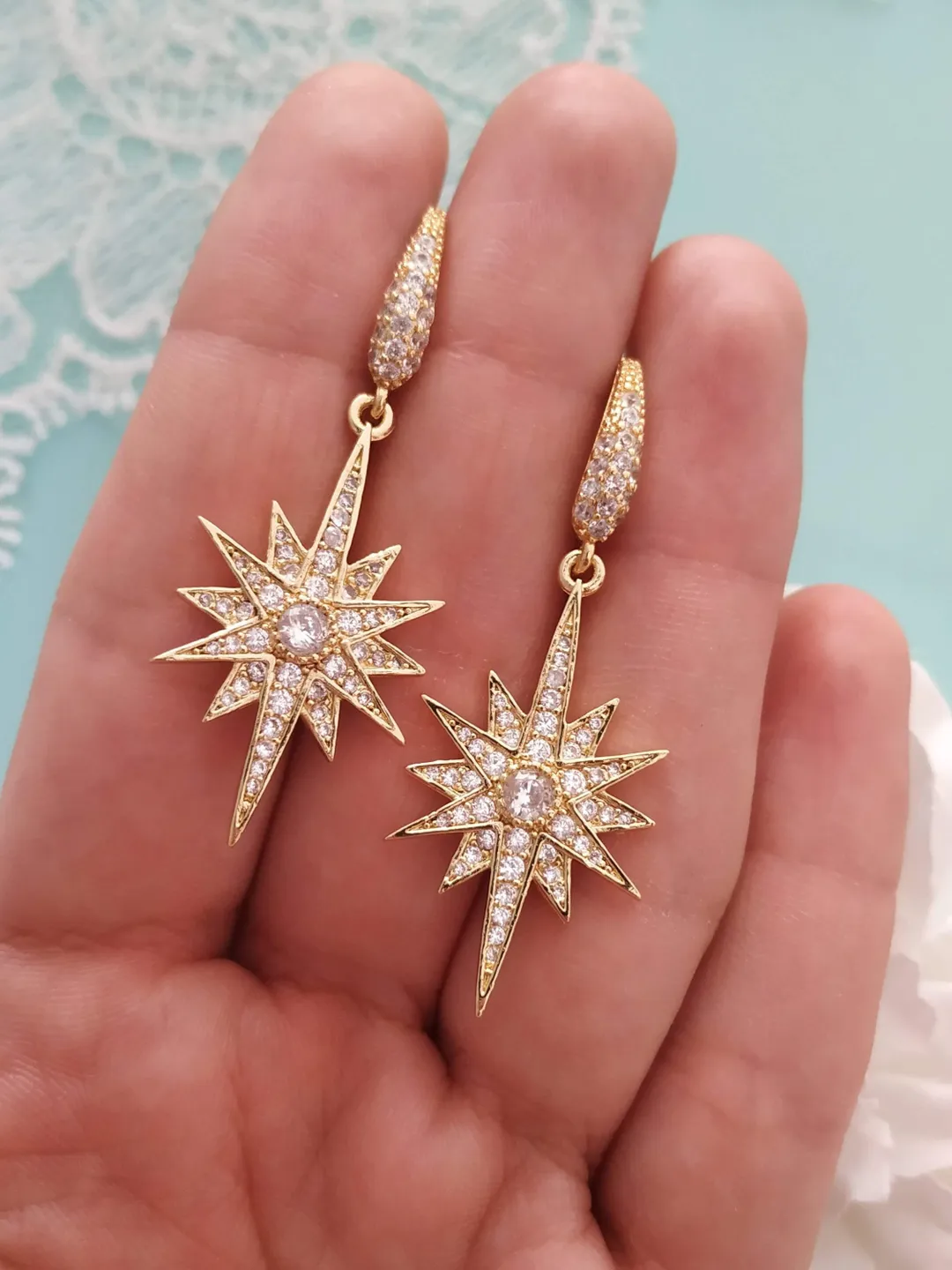 Star Earrings Celestial Gold Bridal Earrings Swarovski Crystal Boho Jewellery Drop Earrings Boho Earrings Bridesmaid Gift Dangle Earrings