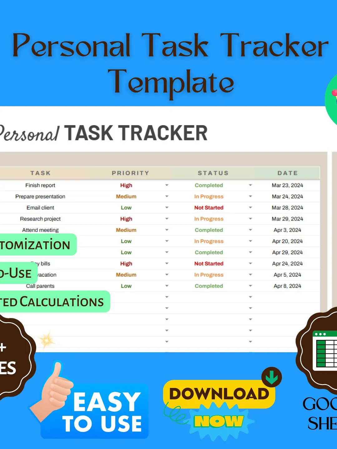 Personal Task Tracker Template, Editable Google Sheets, To-Do List ...