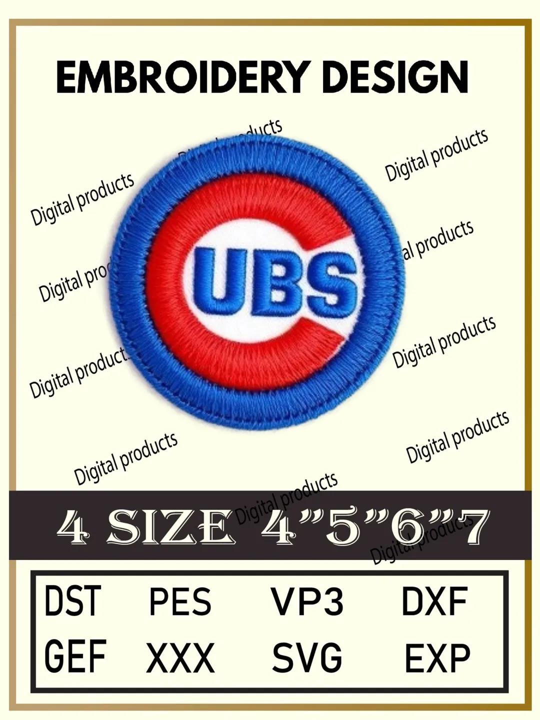 UBS Embroidery Design Digital Circular Patch Logo Pattern with Red Ring and Blue Letters for Machine Embroidery Projects in Four Sizes with Multiple Compatible Formats Including DST, PES, VP3, DXF, GEF, XXX, SVG, EXP