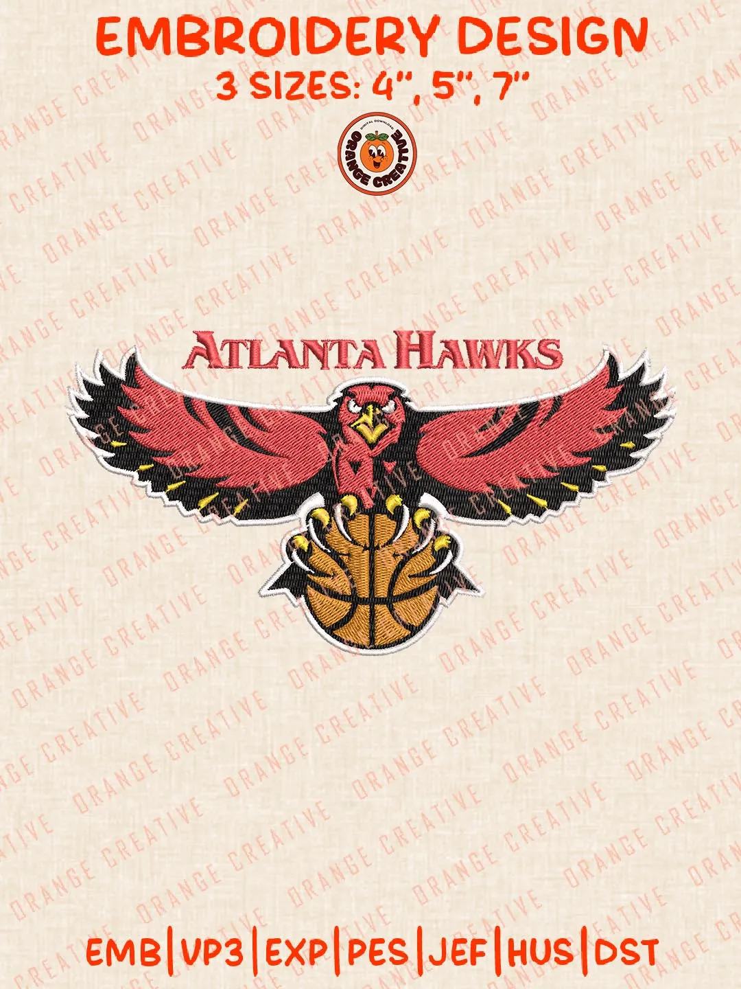 NBA Atlanta Hawks Mascot Logo Embroidery Designs, NBA Team Logo Embroidery Files, Machine Embroidery Design File, 4 Sizes, Custom Size, Digital Download