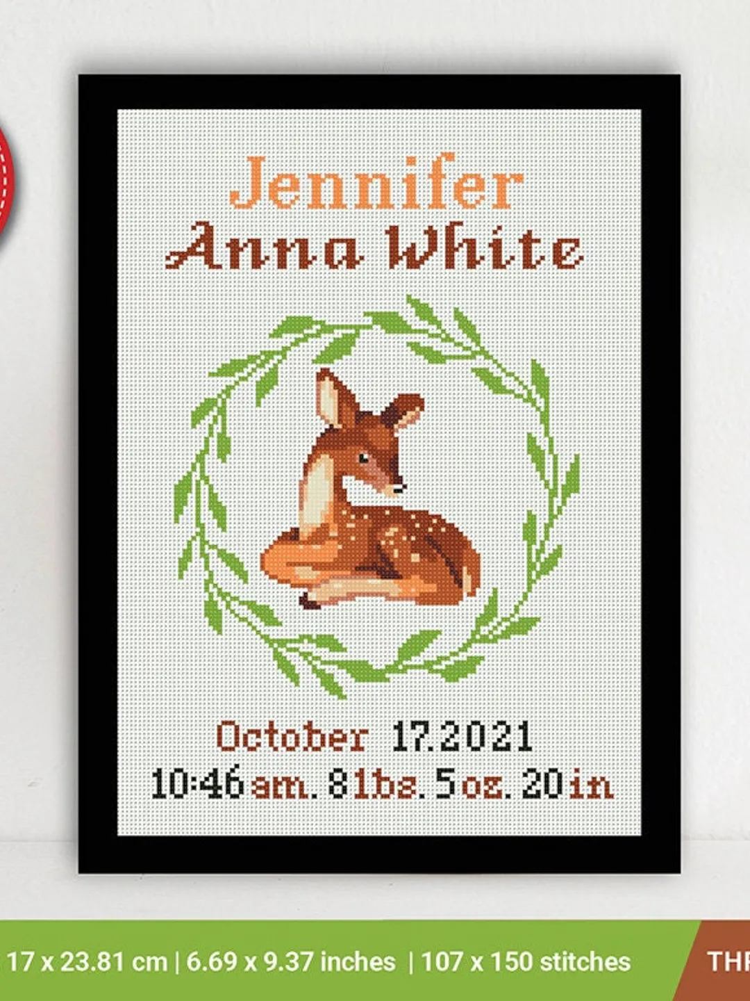 Deer Birth announcement cross stitch pattern, baby, personalized, boy girl nursery decor, counted, chart, gift DIY, embroidery, instant PDF