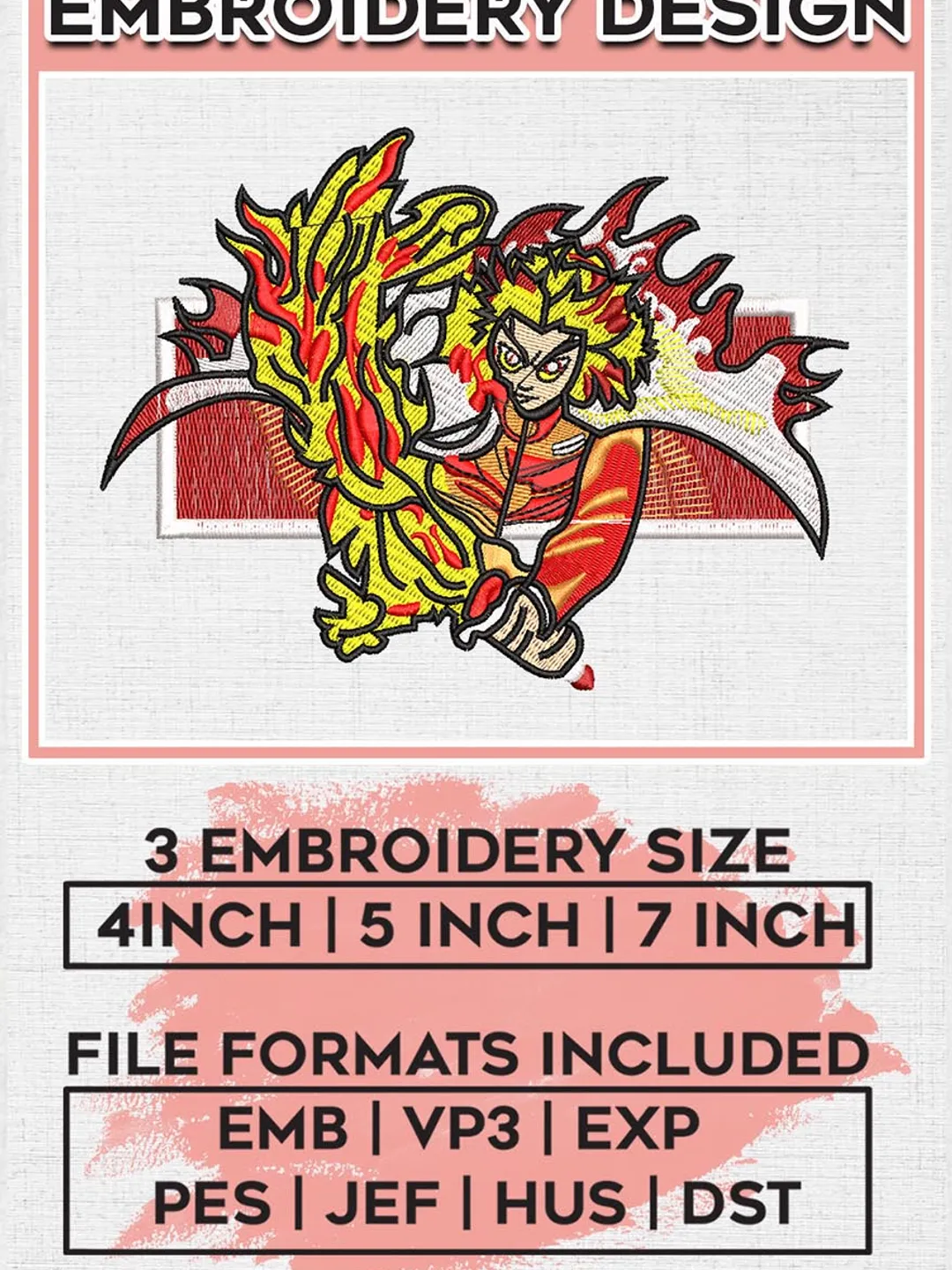 Kimetsu no Yaiba Embroidery Files, Kyojuro Rengoku, Anime Inspired Embroidery Design, Machine Embroidery Design EMB_ANIME_280