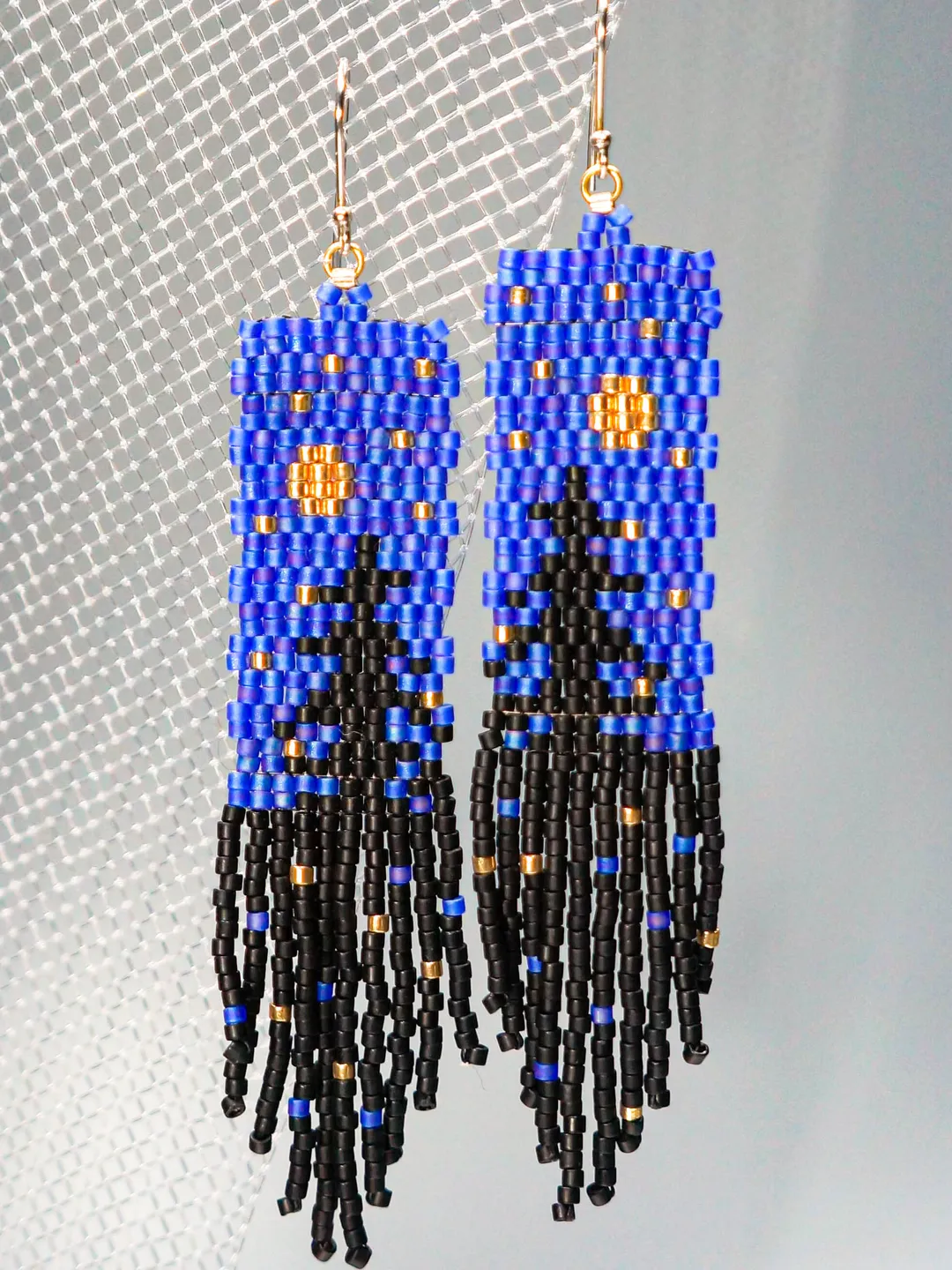 Trees-Patterned blue sky at night Japanese Bead and sterling Silver Earrings A Fusion of Elegance and Nature