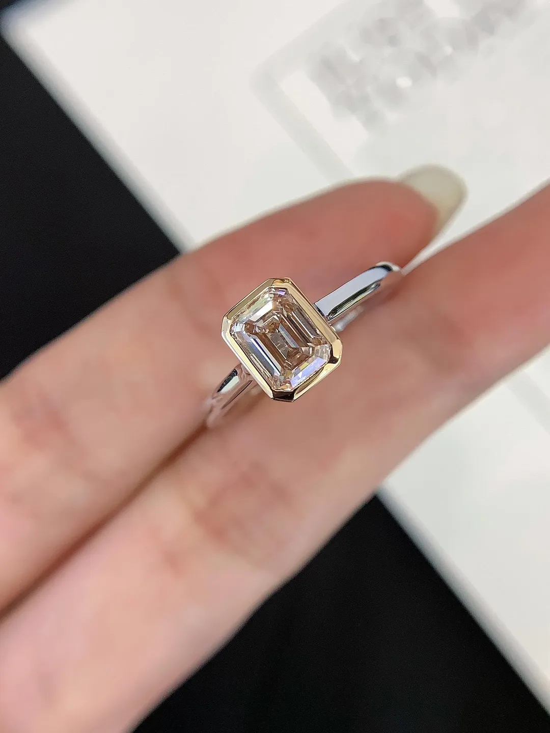 1.2CT Emerald Cut Pink Moissanite Ring, 18K Gold Plated Bezel Solitaire Ring, Engagement Jewelry, Anniversary Gift for Her