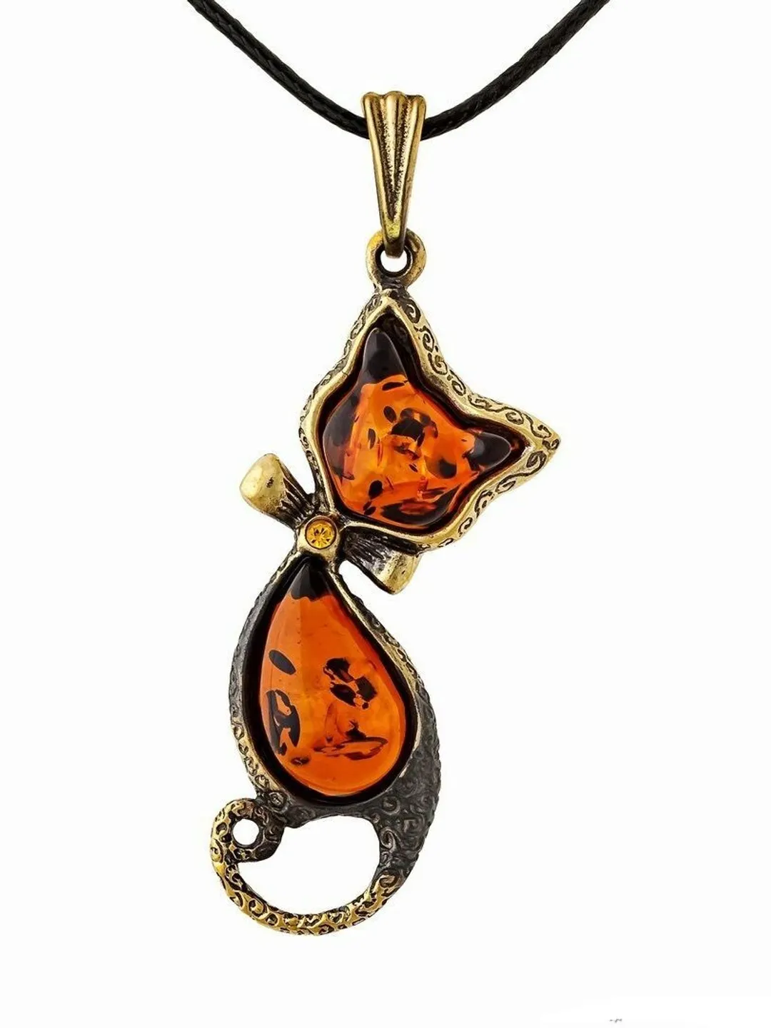 Cat Necklace Cord Pet Jewelry Baltic Amber Brown Gold Brass Pendant Cute Gift Loves Animals Jewelry For Her And Kids