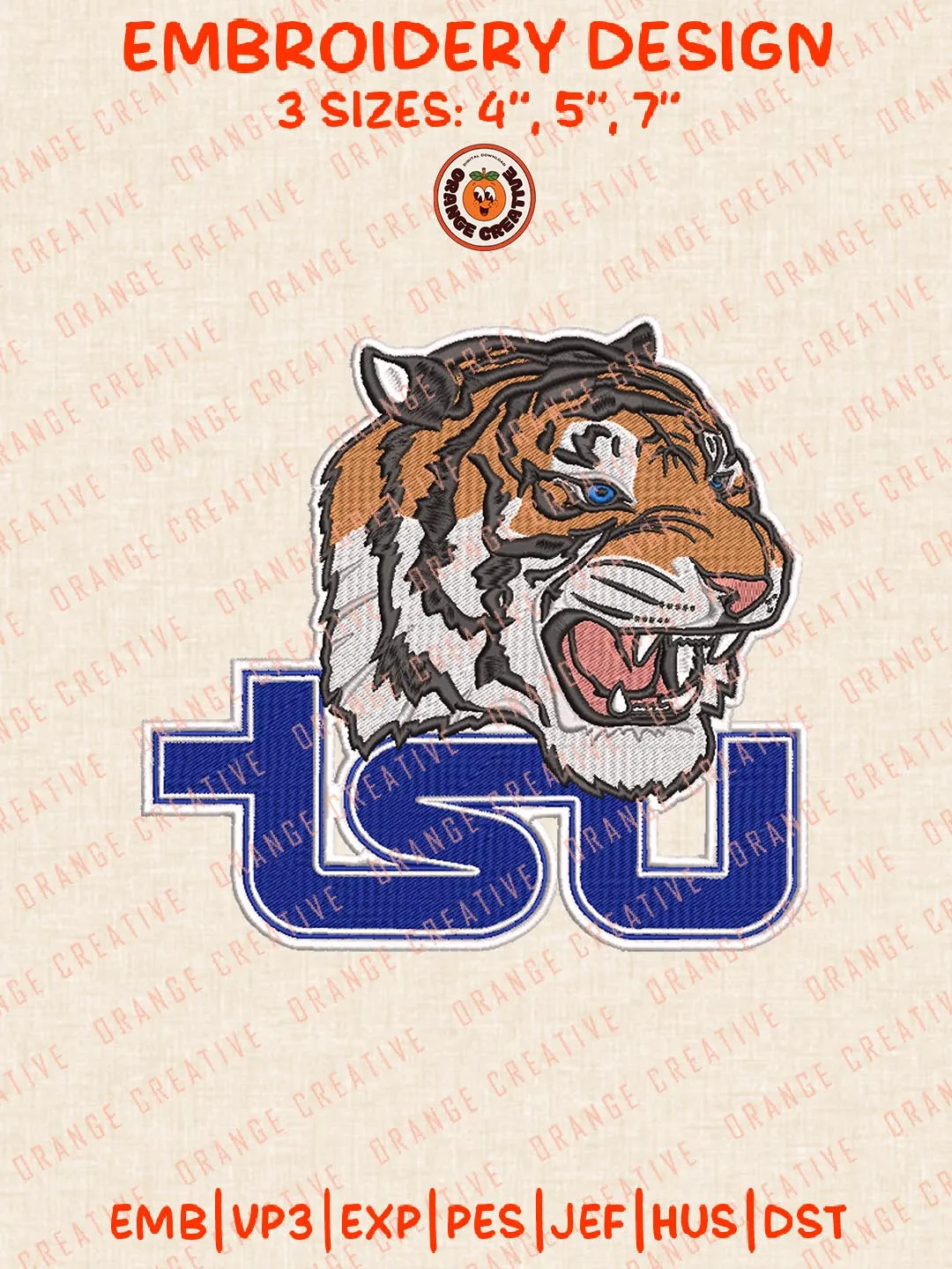 NCAA TSU Tigers Logo Embroidery Design Files, NCAA Logos Embroidery Designs, NCAA Tennessee State Tigers Machine Embroidery Files, 3 Sizes, Custom Sizes, Instant Download