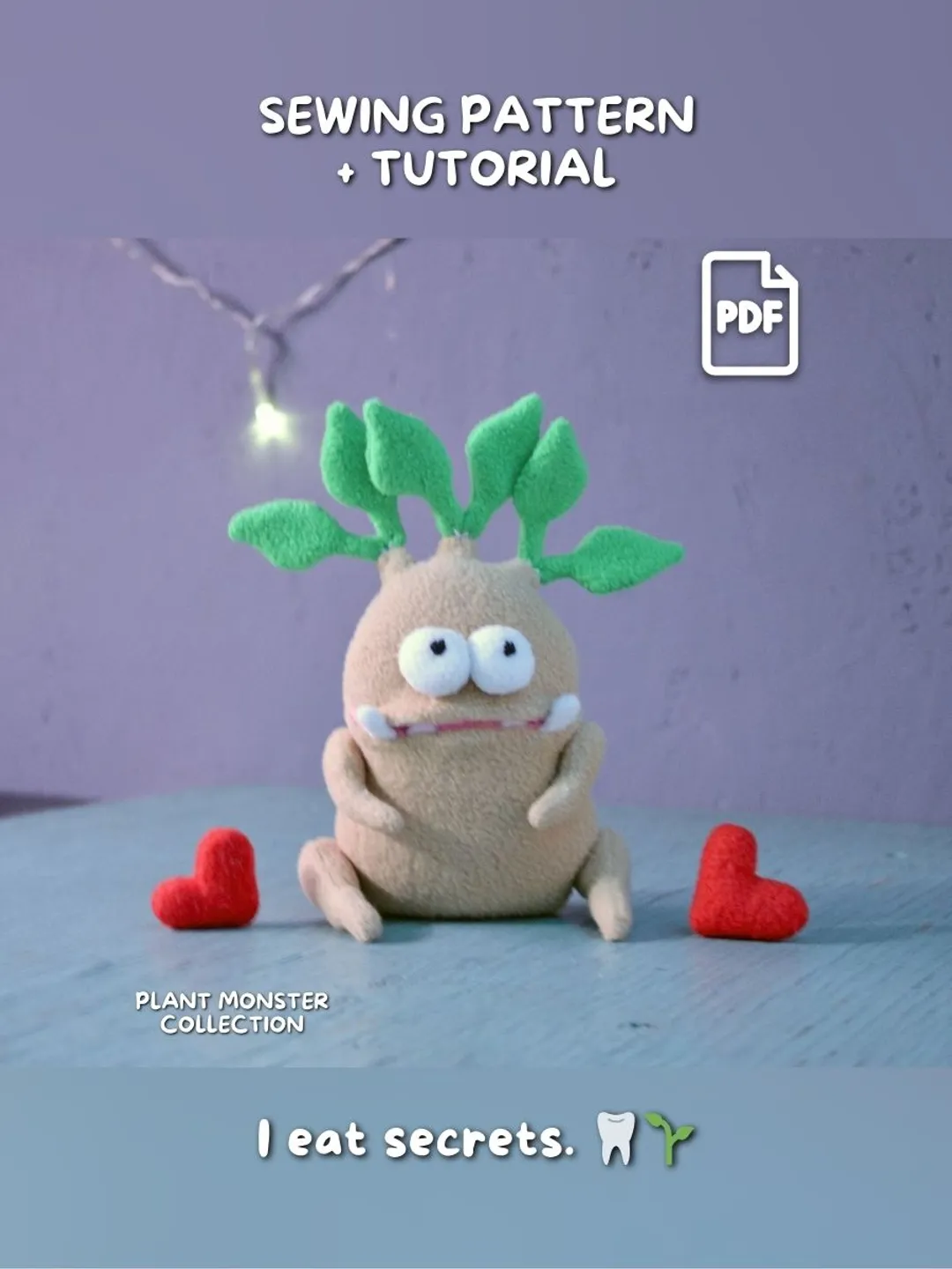 Pocket Plush Pattern Zygocactus Monster Plush Sewing Pattern with Secret Mouth Pocket PDF
