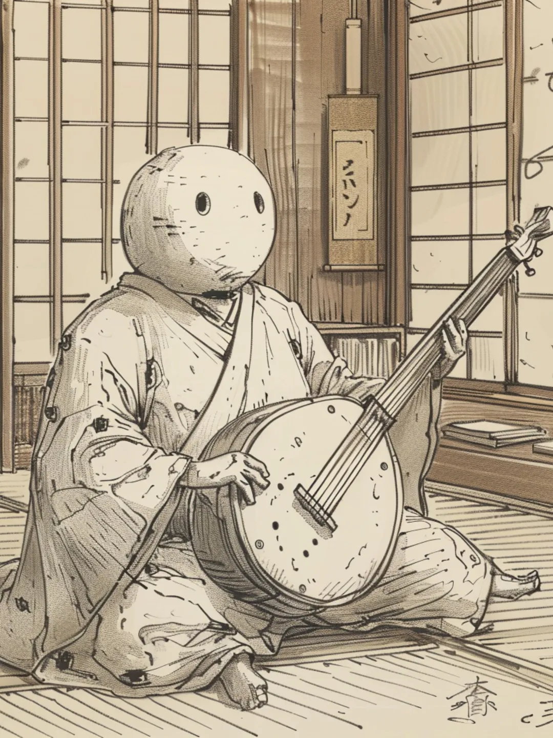 SIX Traditional Japanese Musician Art, Digital Download, Moon Head
