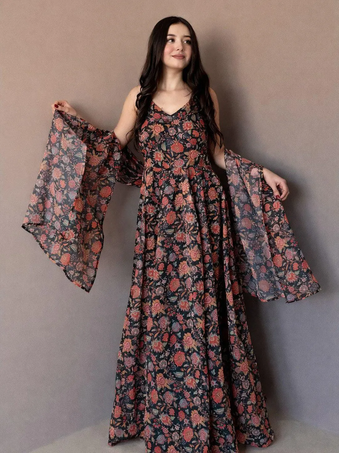 Floral Organza Gown with Dupatta Indian Party Wear Dress Ethnic Designer Anarkali Outfit Wedding Festive Wear for Women