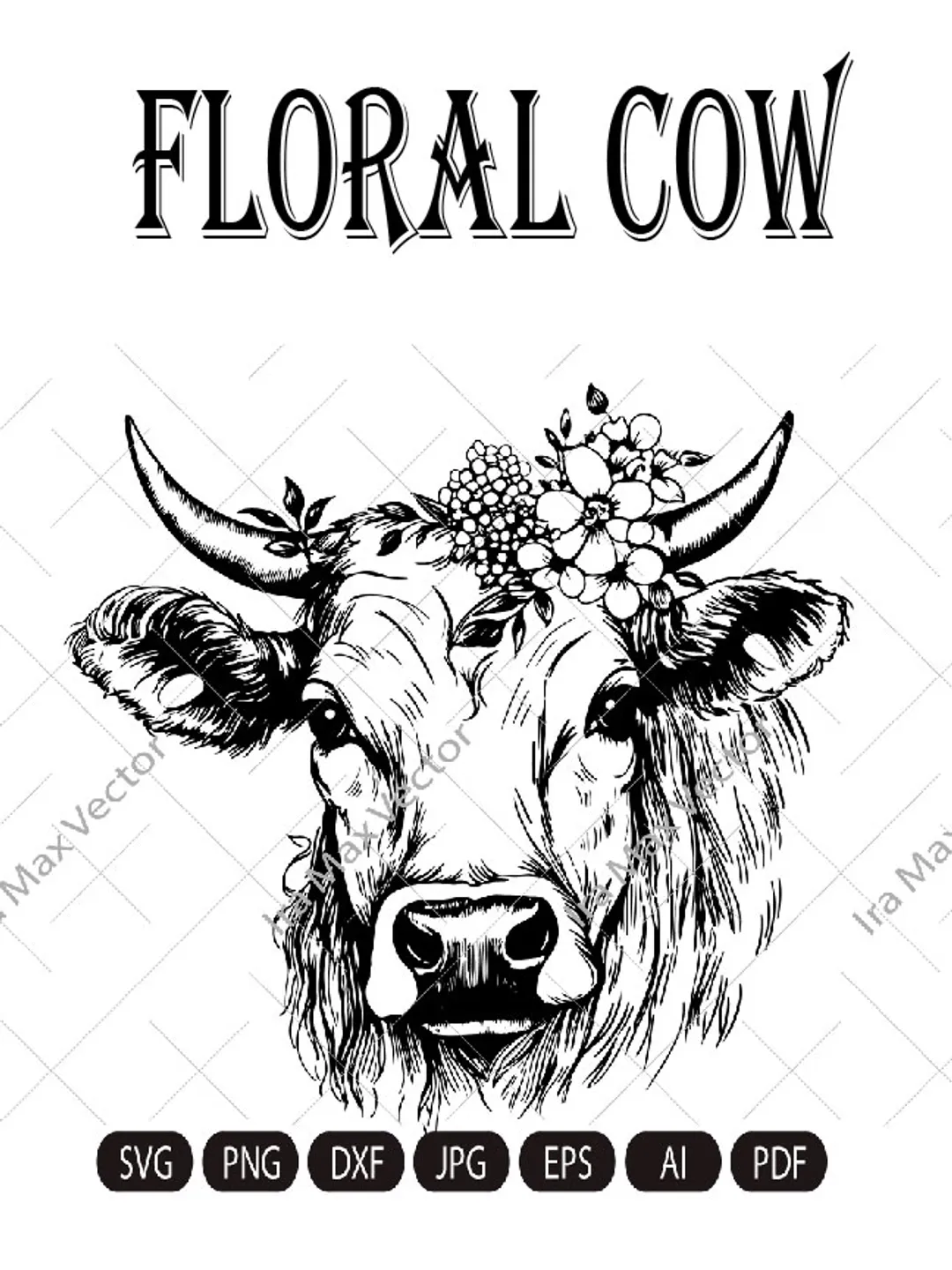 Cow SVG file, Cow with Flower Crown SVG, Cow cut file, Animal Floral Crown, Cow with Flowers on Head, Cute Cow svg